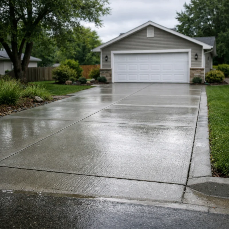 Fresh broom-finished concrete driveway in a Midwestern residential neighborhood with trees and garage in the background