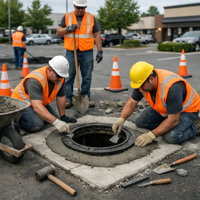 Crew concrete catch basin repair in a parking lot with safety cones and tools in Auburn Hills, Michigan.