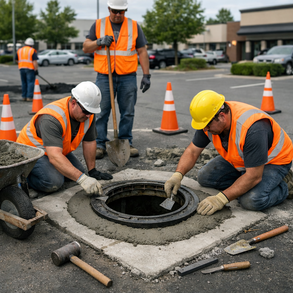 Crew concrete catch basin repair in a parking lot with safety cones and tools in Auburn Hills, Michigan.